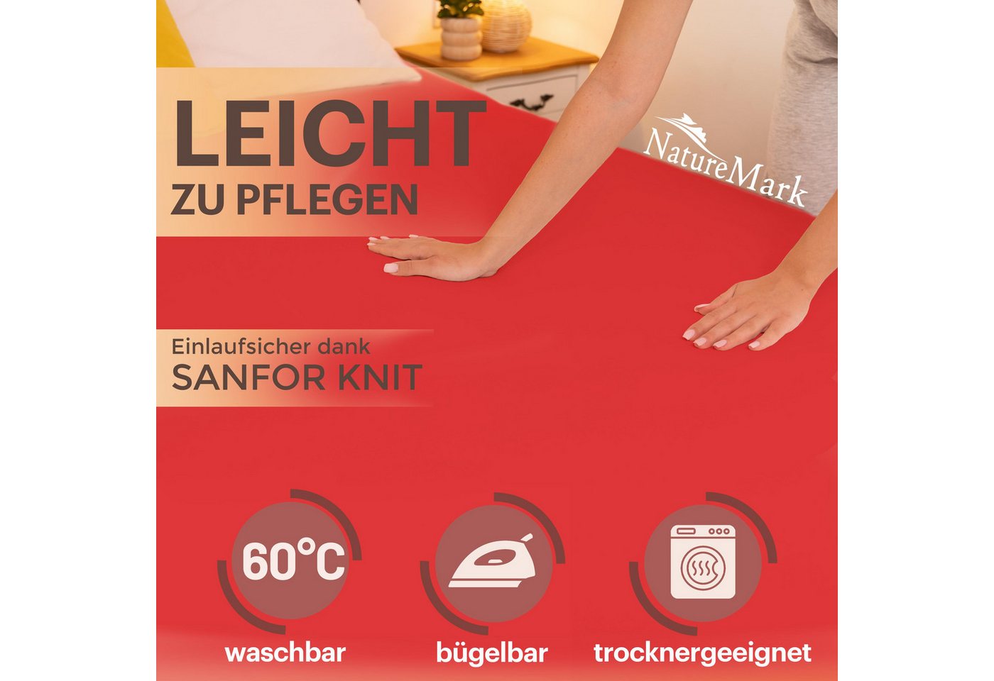 NatureMark Spannbettlaken Jersey Basic Spannbetttuch, 100% Baumwolle, Gummizug: rundum, (1 Stück), in vielen Größen und Farben, bis 40cm Steghöhe, 200x220cm, Ro – Bild 4 von 5