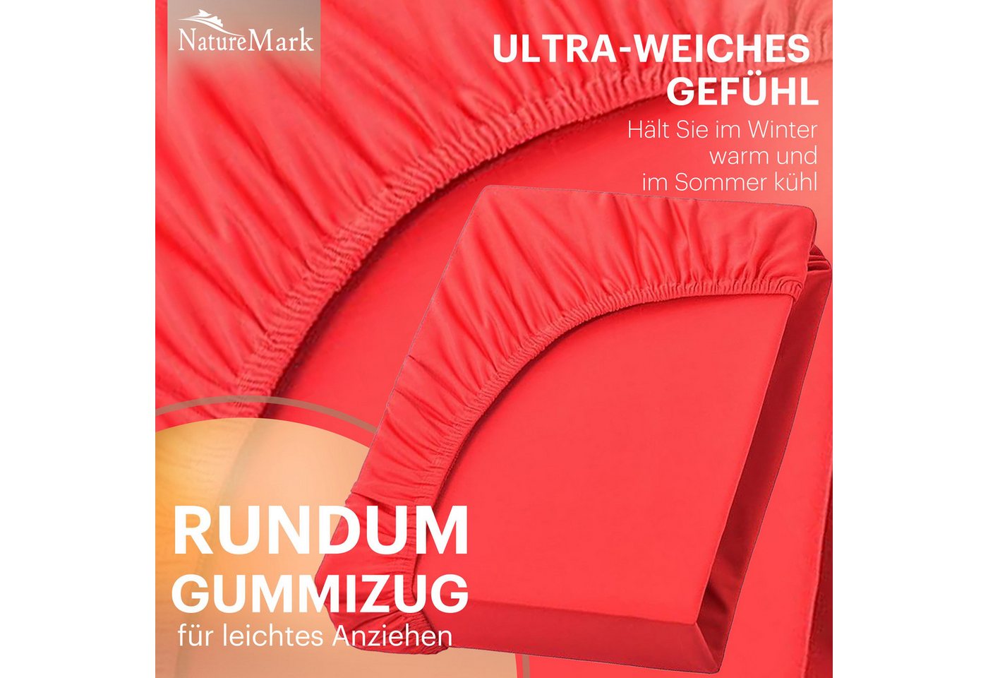 NatureMark Spannbettlaken Jersey Basic Spannbetttuch, 100% Baumwolle, Gummizug: rundum, (1 Stück), in vielen Größen und Farben, bis 40cm Steghöhe, 200x220cm, Ro – Bild 5 von 5