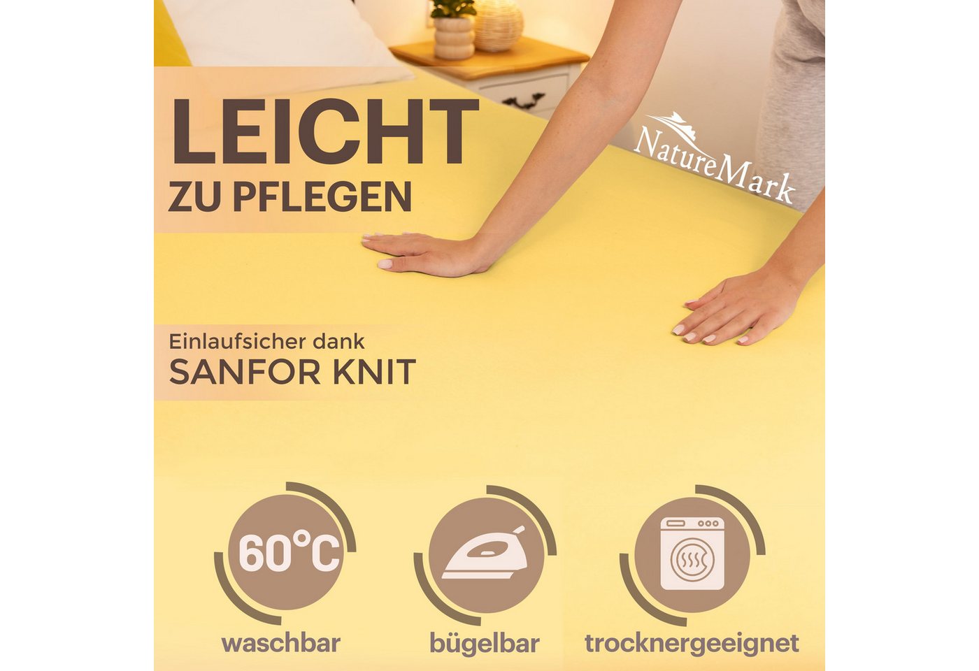 NatureMark Spannbettlaken Jersey Basic Spannbetttuch, 100% Baumwolle, Gummizug: rundum, (1 Stück), in vielen Größen und Farben, bis 25cm Steghöhe, 90x200cm, Gel – Bild 4 von 5