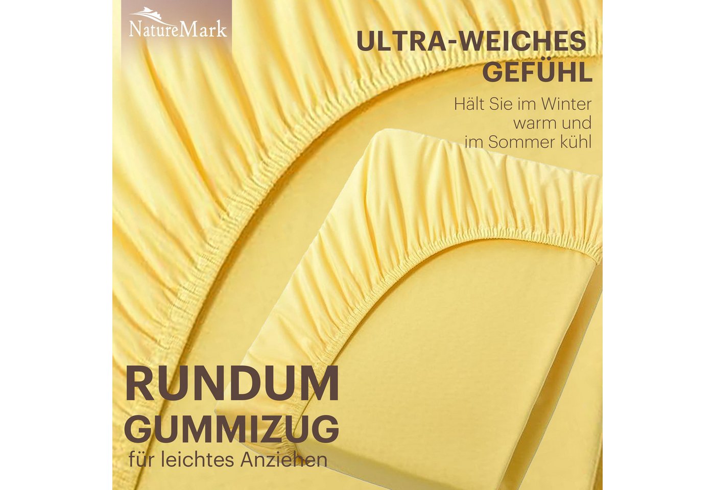 NatureMark Spannbettlaken Jersey Basic Spannbetttuch, 100% Baumwolle, Gummizug: rundum, (1 Stück), in vielen Größen und Farben, bis 25cm Steghöhe, 90x200cm, Gel – Bild 5 von 5