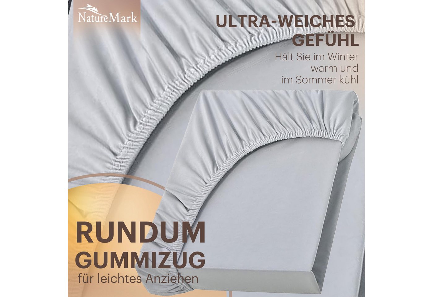 NatureMark Spannbettlaken Jersey Basic Spannbetttuch, 100% Baumwolle, Gummizug: rundum, (1 Stück), in vielen Größen und Farben, bis 25cm Steghöhe, 90x200cm, Sil – Bild 5 von 5