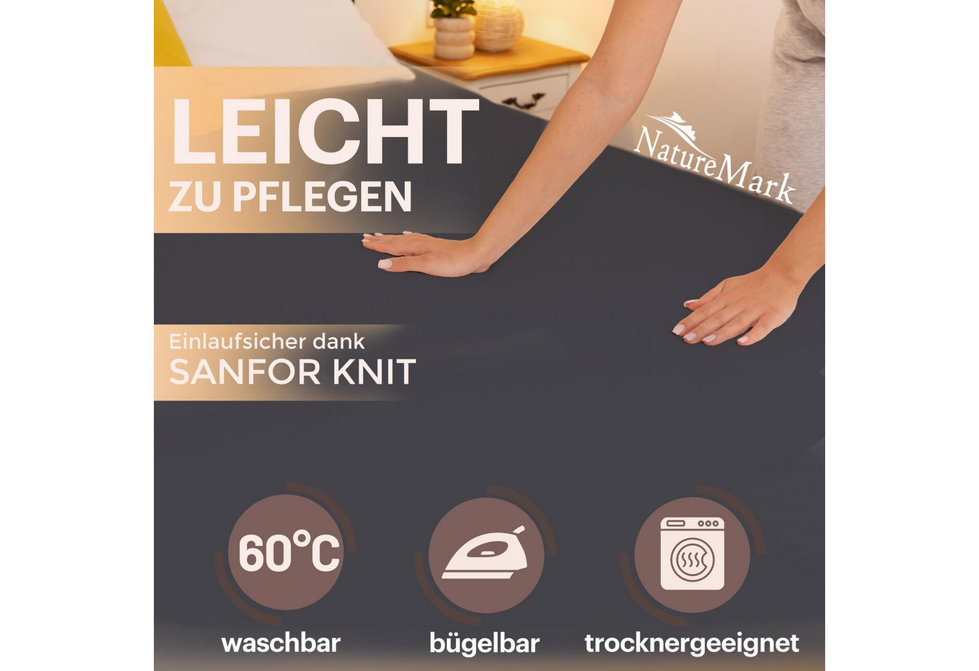 NatureMark Spannbettlaken Jersey Basic Spannbetttuch, 100% Baumwolle, Gummizug: rundum, (1 Stück), in vielen Größen und Farben, bis 40cm Steghöhe, 200x220cm, Sc – Bild 4 von 5