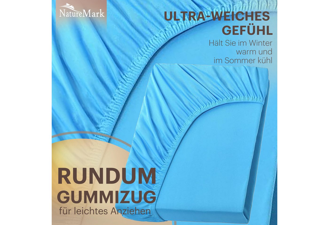 NatureMark Spannbettlaken Jersey Basic Spannbetttuch, 100% Baumwolle, Gummizug: rundum, (1 Stück), in vielen Größen und Farben, bis 40cm Steghöhe, 200x220cm, Tü – Bild 5 von 5