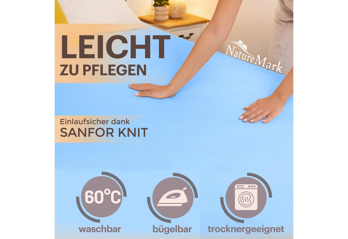 NatureMark Spannbettlaken Jersey Basic Spannbetttuch, 100% Baumwolle, Gummizug: rundum, (1 Stück), in vielen Größen und Farben, bis 40cm Steghöhe, 200x220cm, He – Bild 4 von 5