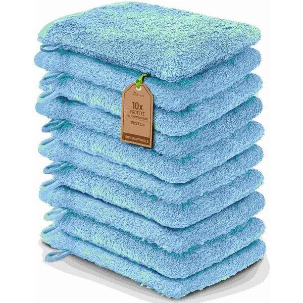 NatureMark Waschhandschuh 10er-Set Frottier Waschhandschuhe, 100% Baumwolle (10-St), Premium Frottier Waschhandschuhe, 15x21cm, Hell blau