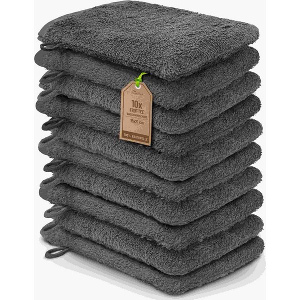 NatureMark Waschhandschuh 10er-Set Frottier Waschhandschuhe, 100% Baumwolle (10-St), Premium Frottier Waschhandschuhe, 15x21cm, Anthrazit grau