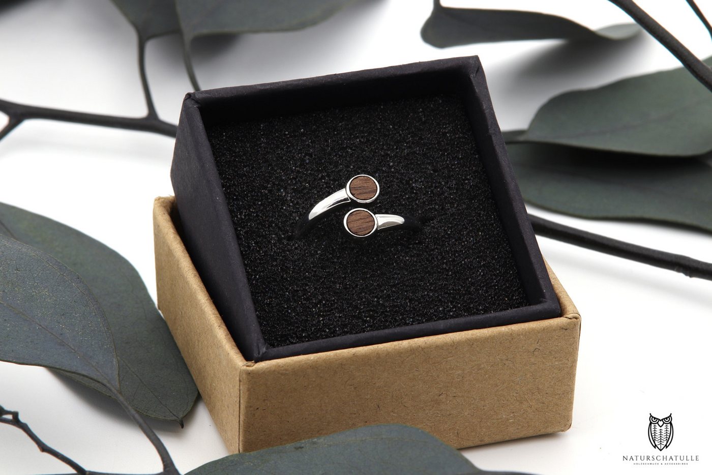 NaturSchatulle Fingerring Circle Pair (Holz & 925 Silber, Verstellbar, Holzring mit Holzeinlage), Damen Silber Schmuck, 925 Silber, Nussbaum Holz – Bild 5 von 5