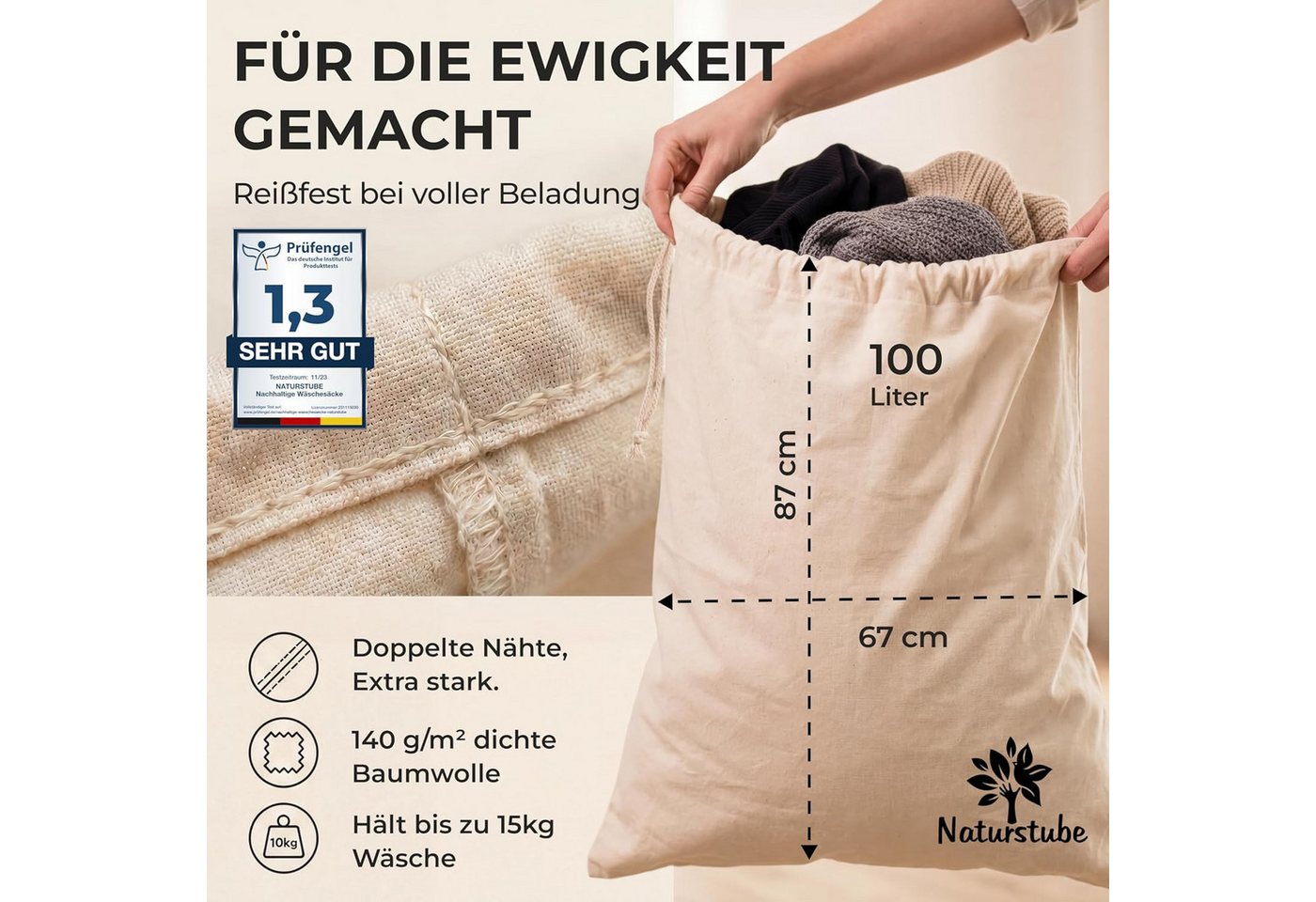 Naturstube Wäschesack Wäschesack 2er-Set, 67 x 87 cm, extra groß und strapazierfähi – Bild 2 von 5