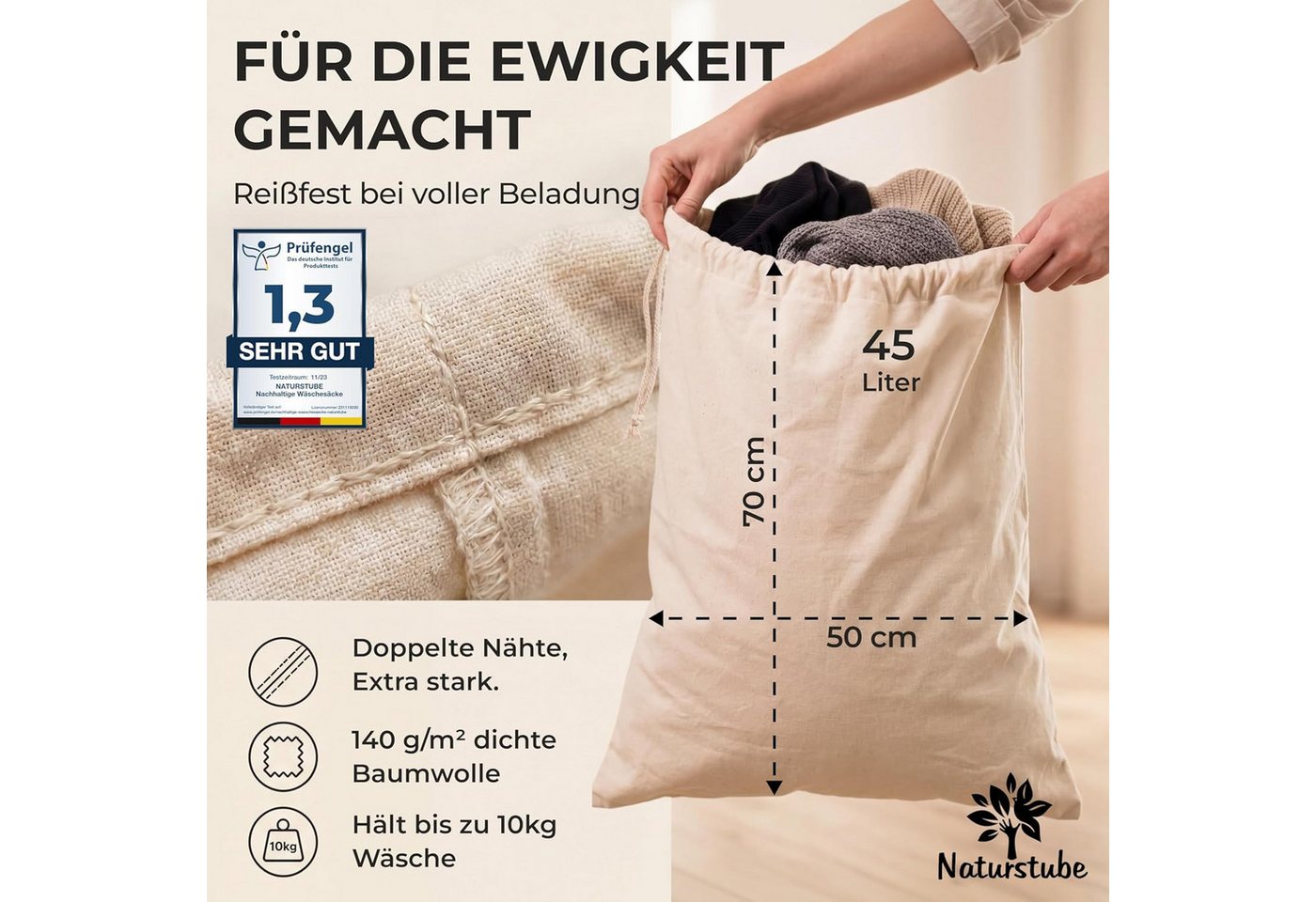 Naturstube Wäschesack Wäschesack, 2er Set 50 x 70 cm - 45l Wäschebeutel Reise – Bild 2 von 5