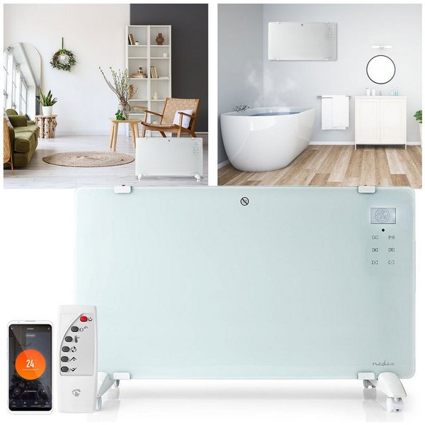 Nedis Konvektor WLAN-Konvektorheizung 2000W, Smart-App, Glasfront & IP24 in Weiß, Smart-App, Glasfront, IP24 Bad, Alexa & Rollen, 15 °C bis 35 °C