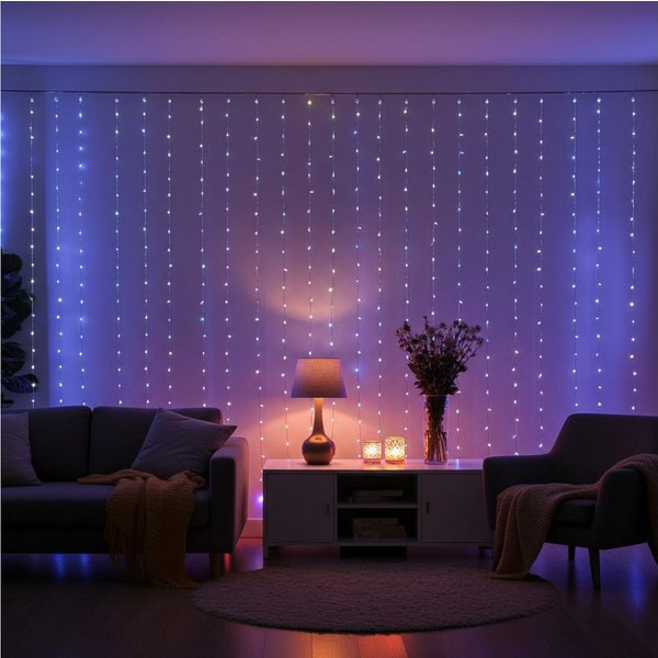 Nedis Lichtervorhang Smart-WLAN Vorhang-Lichterkette, 7 Lichtmuster 180 RGB-LEDs IP65, 3x3m WLAN-LED-Vorhang 9 LEDs per Meter, App-Steuerung