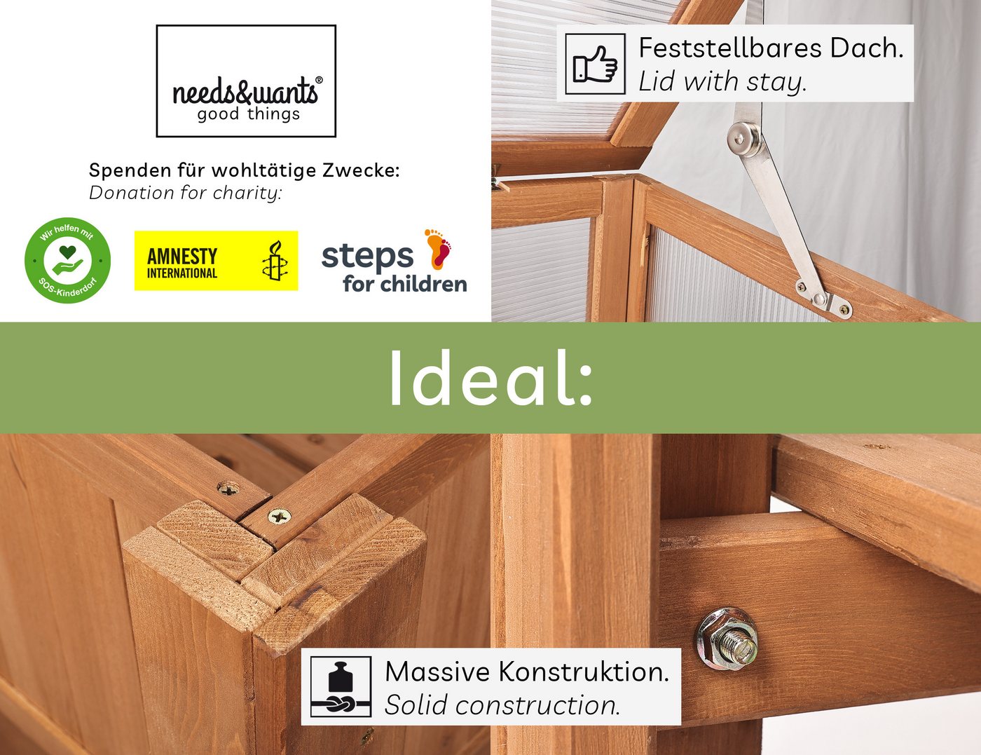 needs&wants® Hochbeet mit Frühbeet-Aufsatz Abdeckung Deckel Dach aus Holz für Garten Balkon, Pflanzbeet Frühbeetkasten Gewächshaus mit Haube Ablage Pflanzkasten – Bild 3 von 5