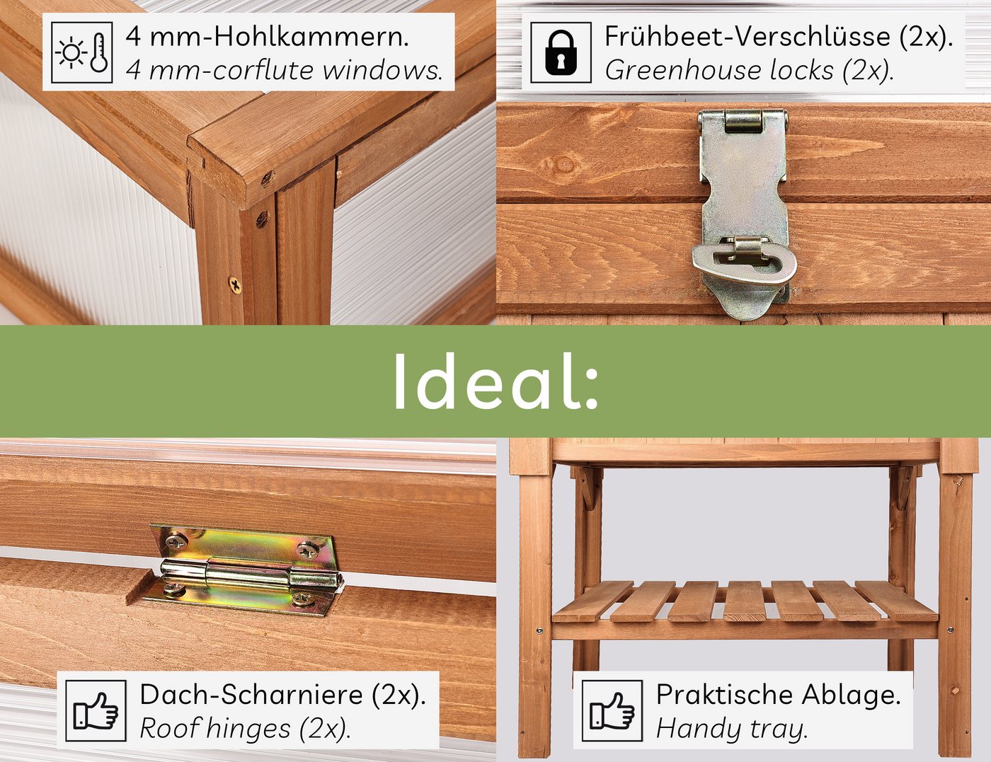 needs&wants® Hochbeet mit Frühbeet-Aufsatz Abdeckung Deckel Dach aus Holz für Garten Balkon, Pflanzbeet Frühbeetkasten Gewächshaus mit Haube Ablage Pflanzkasten – Bild 4 von 5