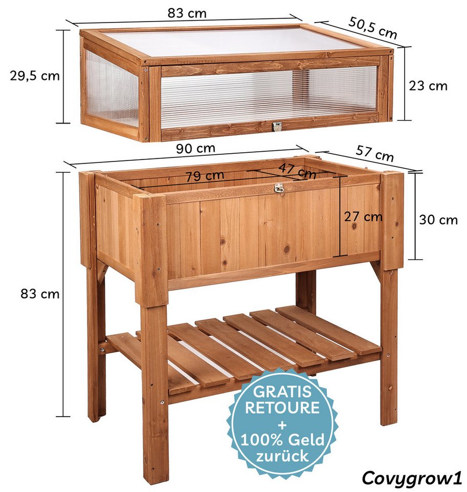 needs&wants® Hochbeet mit Frühbeet-Aufsatz Abdeckung Deckel Dach aus Holz für Garten Balkon, Pflanzbeet Frühbeetkasten Gewächshaus mit Haube Ablage Pflanzkasten – Bild 5 von 5