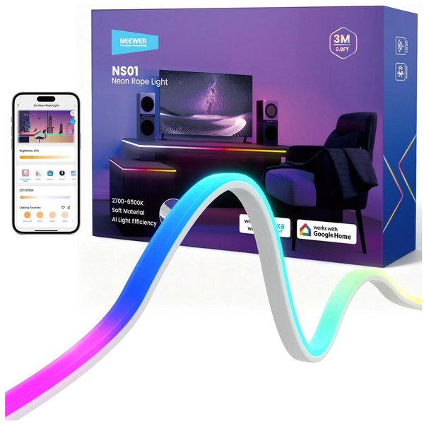 Neewer LED Stripe NS01 3/5m LED Lichtleiste frontbeleuchtet, RGB, Smart AI App Steuerung, Farbwechsel, zuschneidbar Lichterkette für Schlafzimmer Spielzimmer