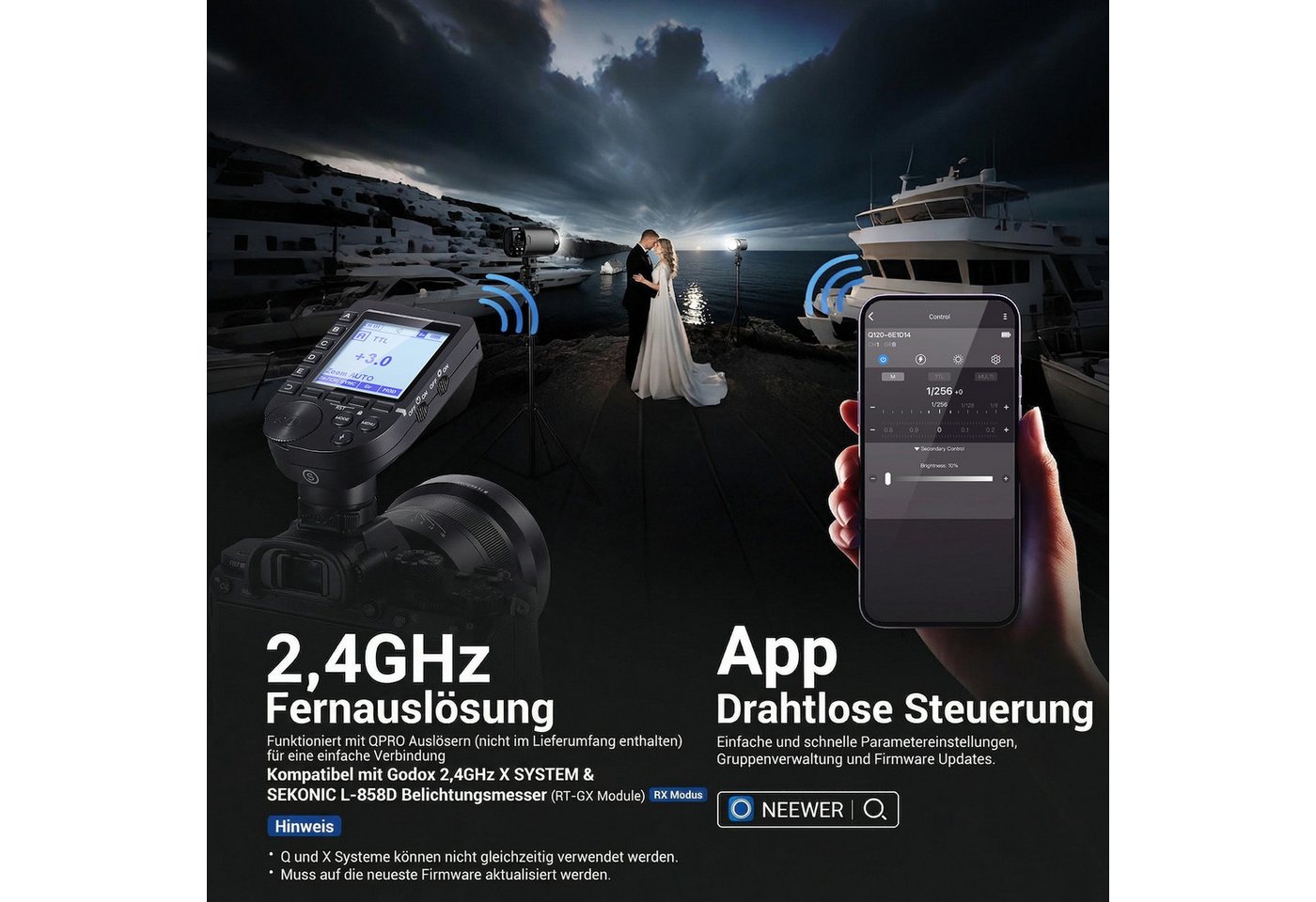 Neewer Q120 120Ws 2,4G TTL Outdoor Blitzgerät, 1/8000s HSS Studio Monolight Blitzgerät, (kompatibel mit Godox, 3000mAh Akku / 420 Blitze / 1,5s Blitzladezeit) – Bild 5 von 5