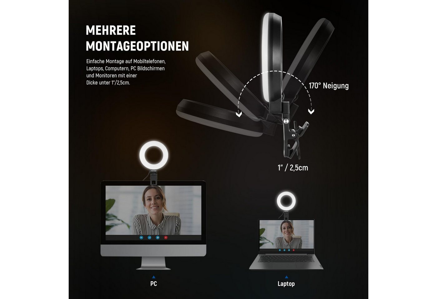 Neewer Ringlicht BR60 2er Pack Ringlicht 5", Ansteck Licht, mit Schreibtischstativen, für Videokonferenz Beleuchtung Monitor Laptop Computer Live Streaming – Bild 4 von 5