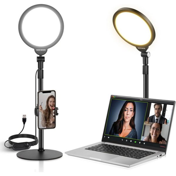 Neewer Ringlicht R06 Selfie-Licht 7", 10W dimmbar, Höhenverstellbar, mit Telefonhalter, Beschwerte Metallbasis, Tisch Ringleuchte für Video Live Stream