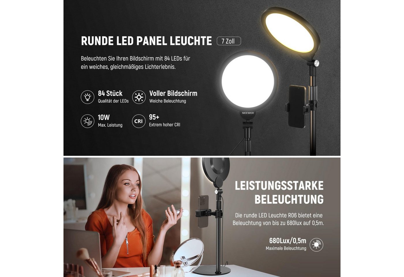 Neewer Ringlicht R06 Selfie-Licht 7", 10W dimmbar, Höhenverstellbar, mit Telefonhalter, Beschwerte Metallbasis, Tisch Ringleuchte für Video Live Stream – Bild 2 von 5