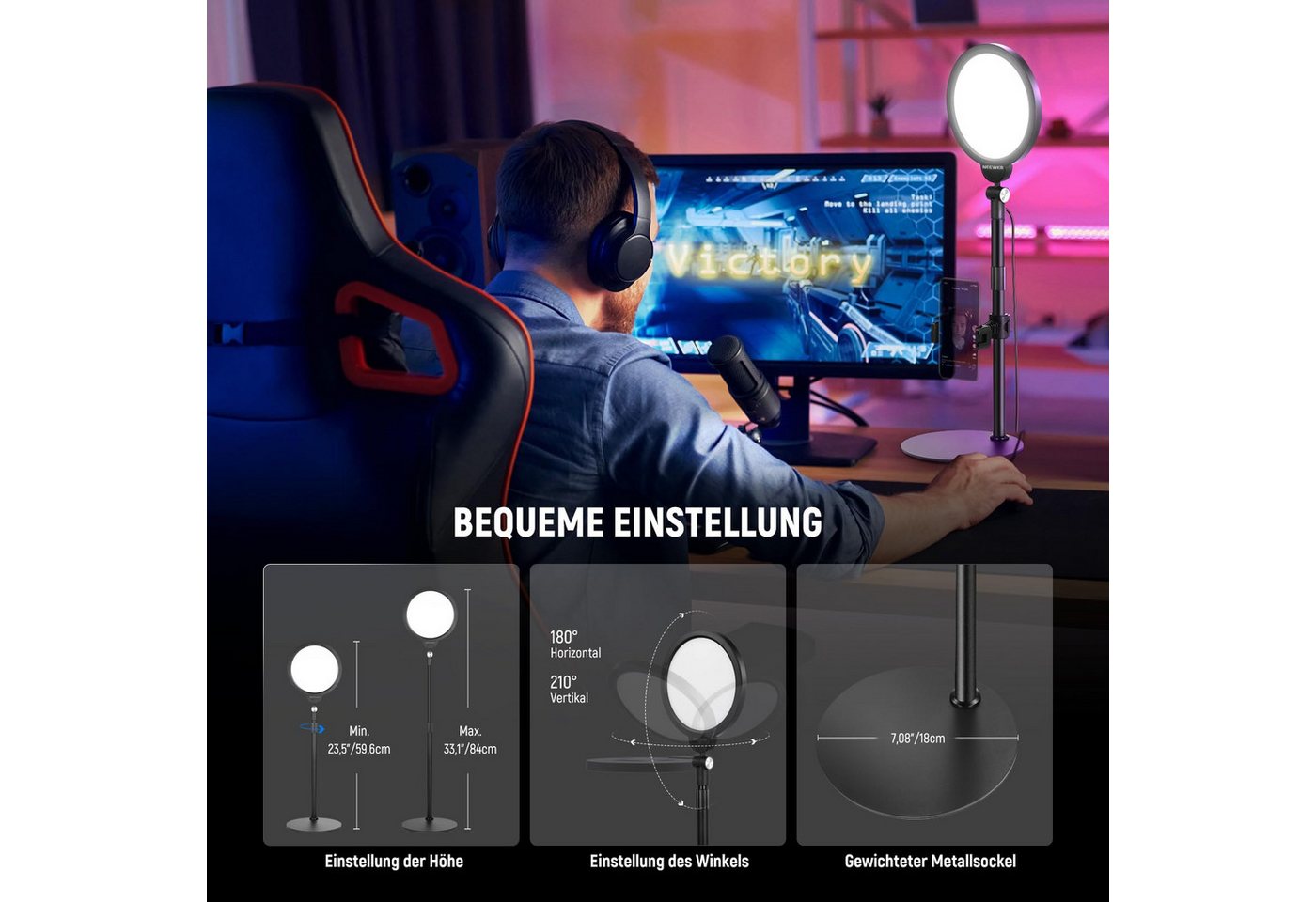 Neewer Ringlicht R06 Selfie-Licht 7", 10W dimmbar, Höhenverstellbar, mit Telefonhalter, Beschwerte Metallbasis, Tisch Ringleuchte für Video Live Stream – Bild 5 von 5