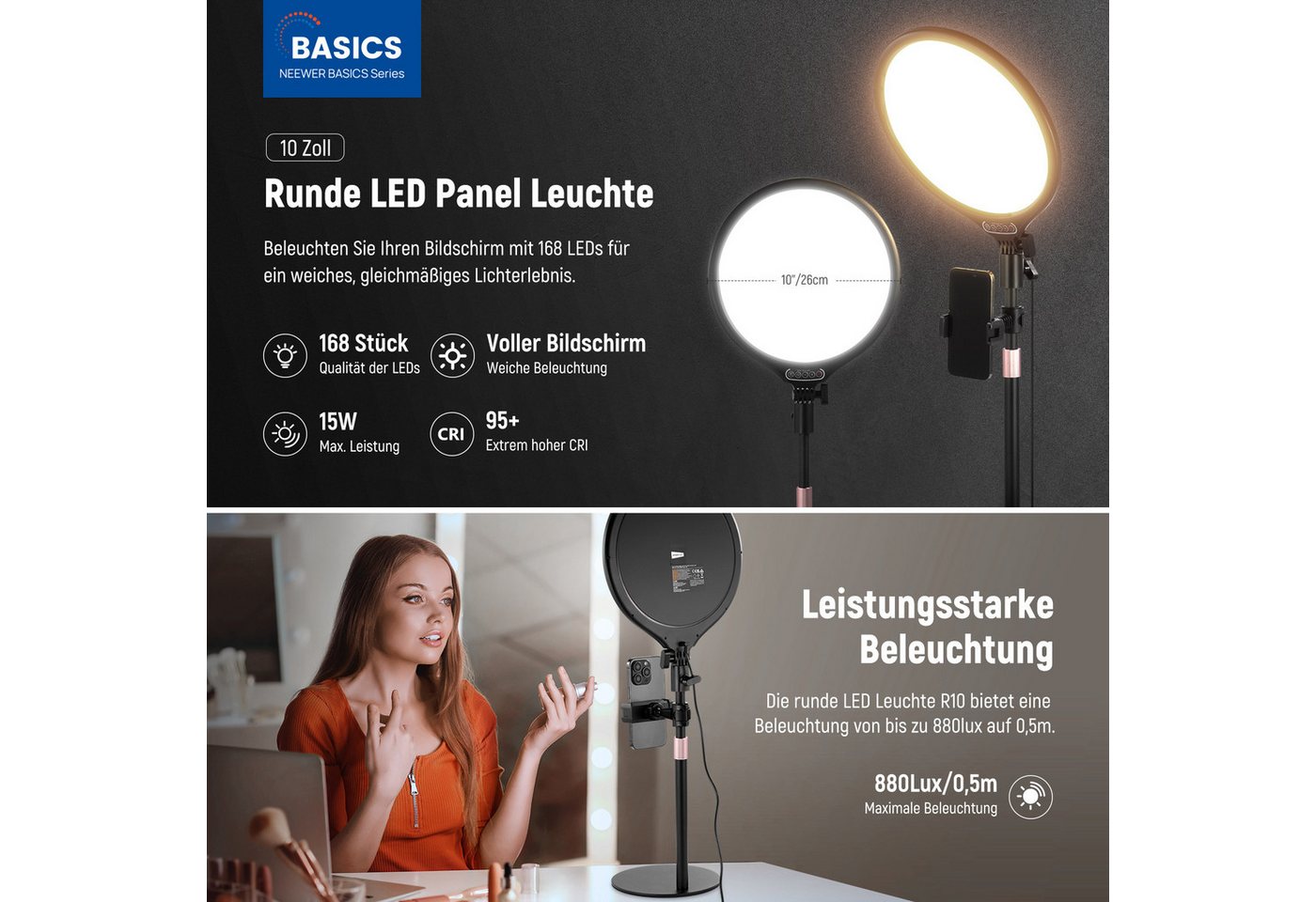 Neewer Ringlicht R10 10,5" Schreibtisch-Ringleuchte, 15W dimmbar, mit Telefonhalter, mit Ständer/Timer, für iPhone Streaming Laptop Webcam Video Konferenz – Bild 2 von 5