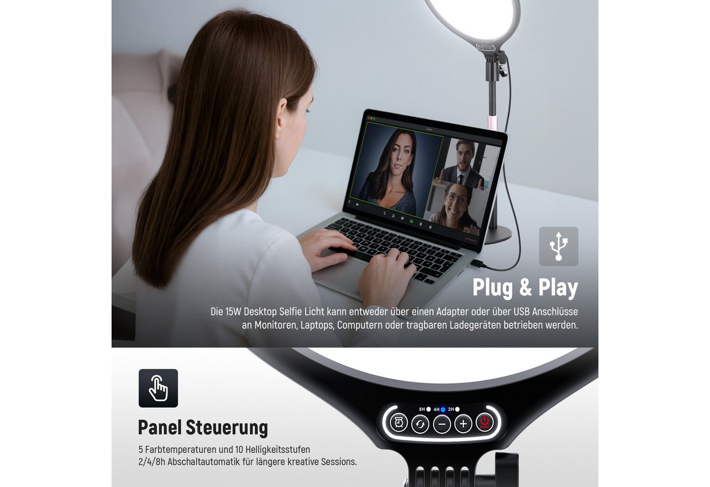 Neewer Ringlicht R10 10,5" Schreibtisch-Ringleuchte, 15W dimmbar, mit Telefonhalter, mit Ständer/Timer, für iPhone Streaming Laptop Webcam Video Konferenz – Bild 4 von 5
