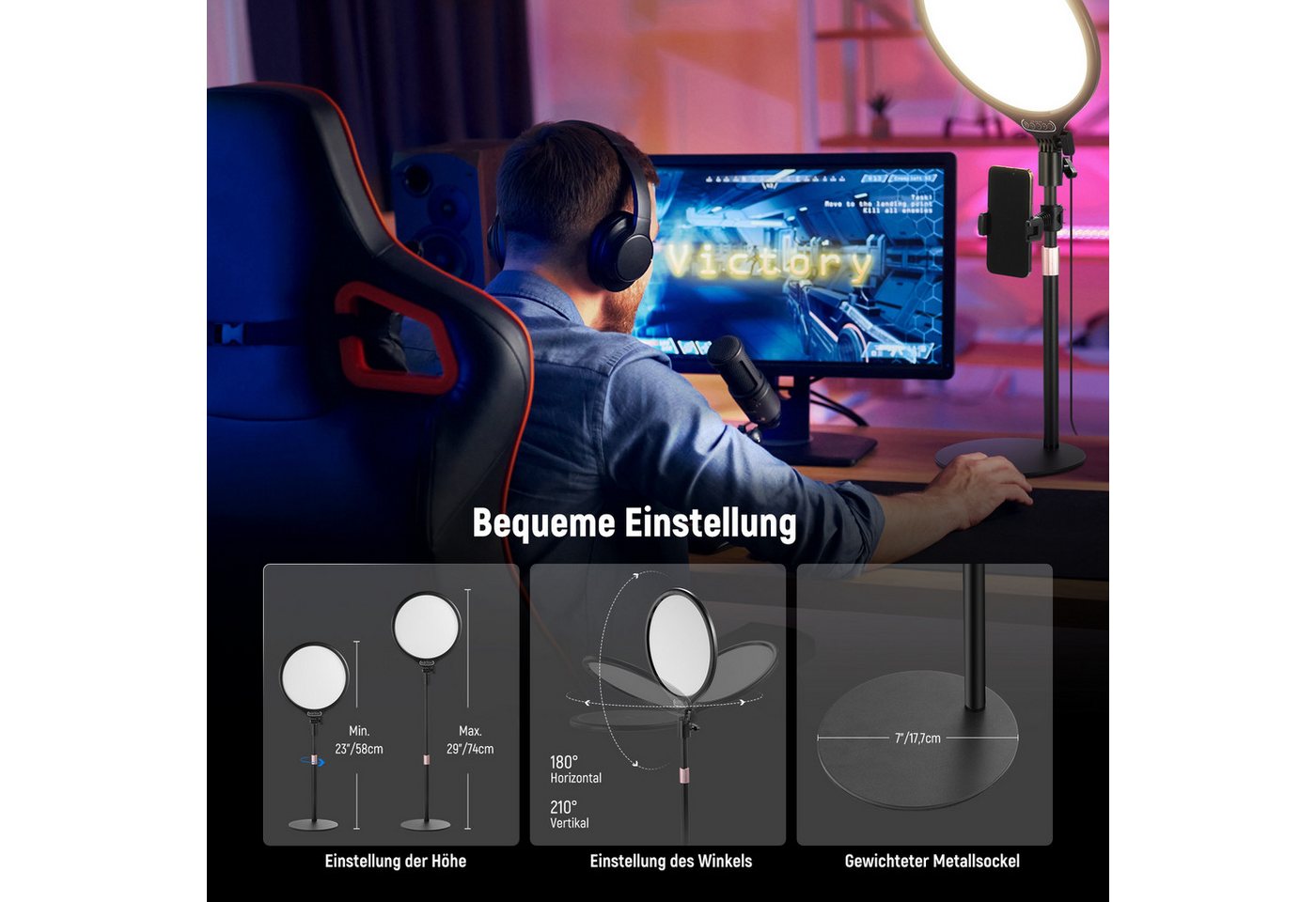 Neewer Ringlicht R10 10,5" Schreibtisch-Ringleuchte, 15W dimmbar, mit Telefonhalter, mit Ständer/Timer, für iPhone Streaming Laptop Webcam Video Konferenz – Bild 5 von 5