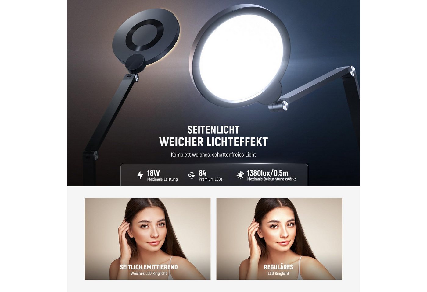 Neewer Ringlicht R18 Ringlicht 7", 18W, Dimmbar, mit Touchpanel und Fernbedienung, mit Gelenkarm und C Klemme, für Streaming Videokonferen Telefon Zoom – Bild 2 von 5