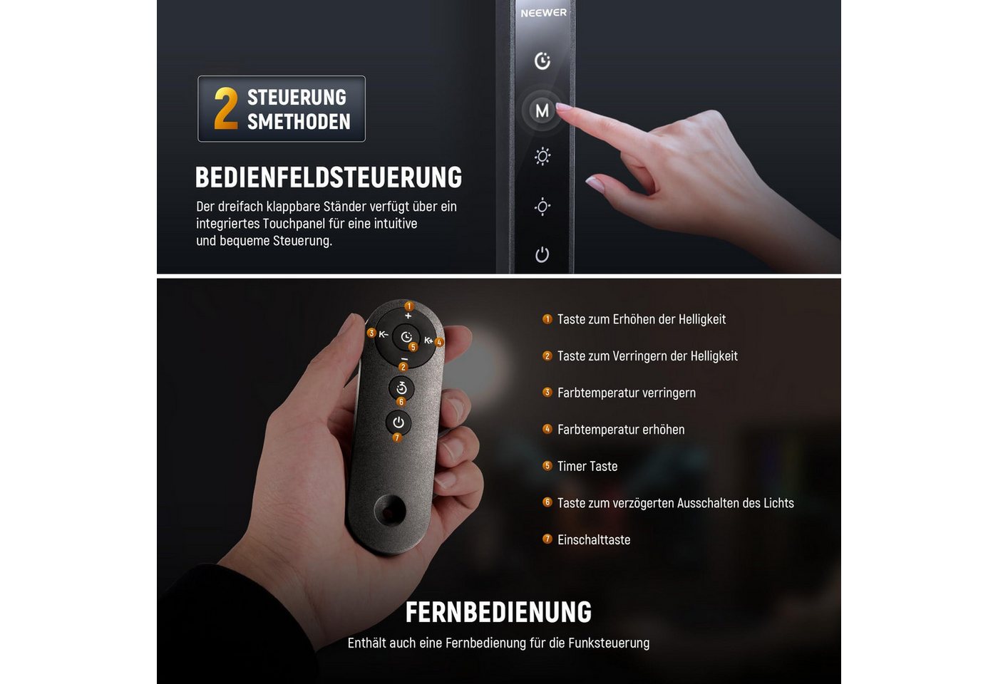 Neewer Ringlicht R18 Ringlicht 7", 18W, Dimmbar, mit Touchpanel und Fernbedienung, mit Gelenkarm und C Klemme, für Streaming Videokonferen Telefon Zoom – Bild 4 von 5