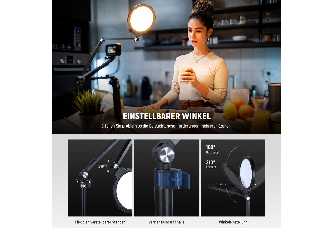 Neewer Ringlicht R18 Ringlicht 7", 18W, Dimmbar, mit Touchpanel und Fernbedienung, mit Gelenkarm und C Klemme, für Streaming Videokonferen Telefon Zoom – Bild 5 von 5