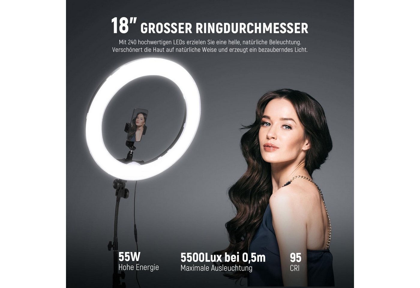 Neewer Ringlicht RL-18 Ringlicht mit Stativ Set:45cm Außen 55W 5600K LED Ringleuchte, Dimmbare, mit Bluetooth Fernbedienung, für Handy/Kamera YouTube TikTok – Bild 2 von 5