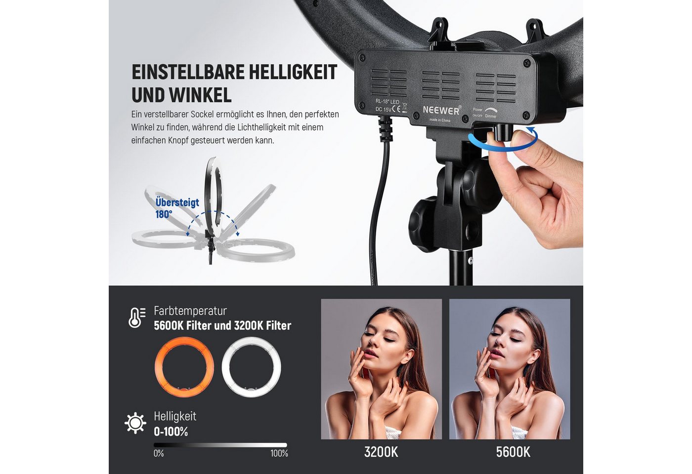 Neewer Ringlicht RL-18 Ringlicht mit Stativ Set:45cm Außen 55W 5600K LED Ringleuchte, Dimmbare, mit Bluetooth Fernbedienung, für Handy/Kamera YouTube TikTok – Bild 3 von 5