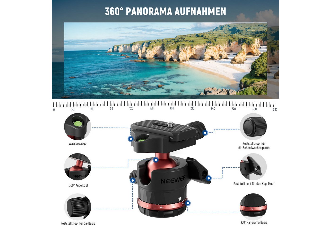 Neewer TP16 180cm Kamera Stativ Einbeinstativ mit Mittelsäule und Kugelkopf Dreibeinstativ (Schnellwechselhalterung für DSLR Kameras und Handys, Last 8kg) – Bild 5 von 5