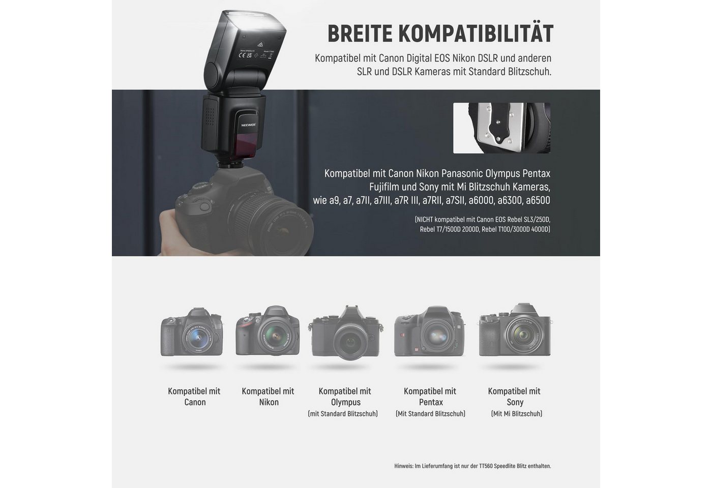 Neewer TT560 Blitz für Canon, Sony, Nikon DSLR mit Tasche & Zubehör Blitzgerät, (eine 8 stufige Leistungsregelung) – Bild 2 von 5