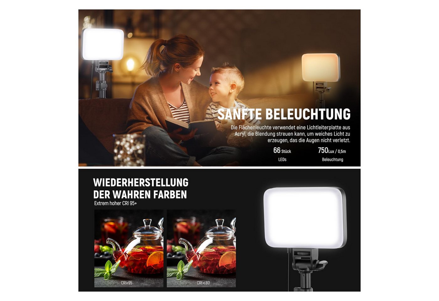 Neewer Videoleuchte 2 Stück LED Videolicht Panel Beleuchtungsset, Bi-Color, Dimmable, Höhenverstellbar 50-135 cm, mit Ständern & Filternm, für Fotografie – Bild 3 von 5