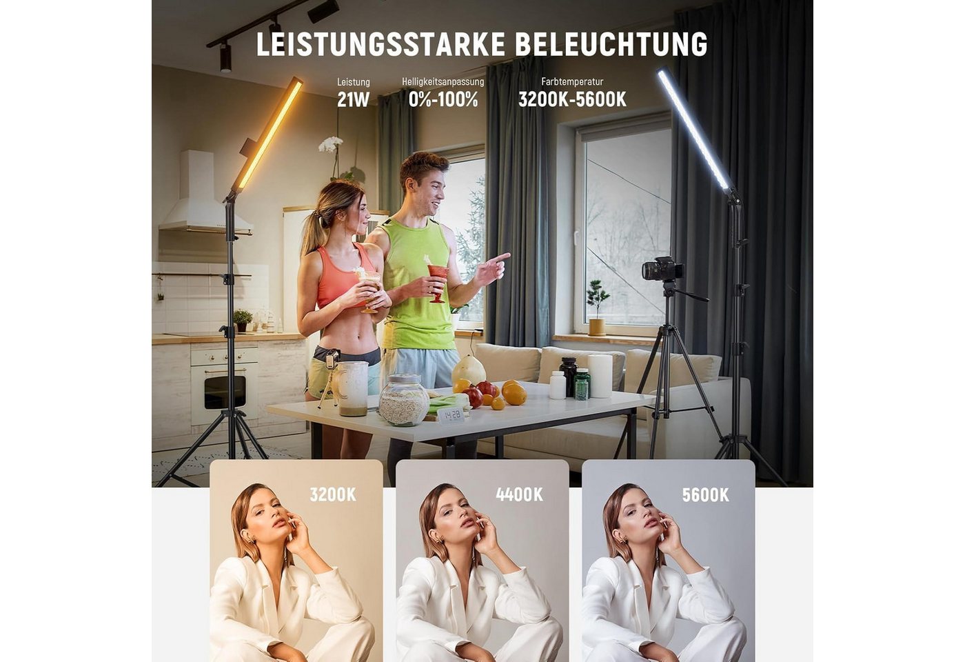 Neewer Videoleuchte BH20B 2er Pack LED Video Lichtstab, dimmbare 3200K~5600K, CRI97+, 2,4G Fernbedienungsset, mit Ständern/Filtern/Tasche, für Video Foto – Bild 2 von 5