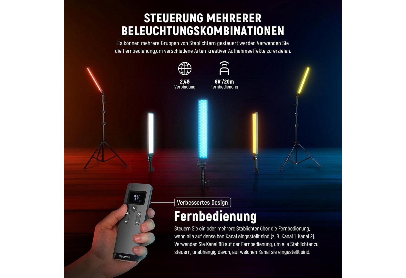 Neewer Videoleuchte BH20B 2er Pack LED Video Lichtstab, dimmbare 3200K~5600K, CRI97+, 2,4G Fernbedienungsset, mit Ständern/Filtern/Tasche, für Video Foto – Bild 4 von 5
