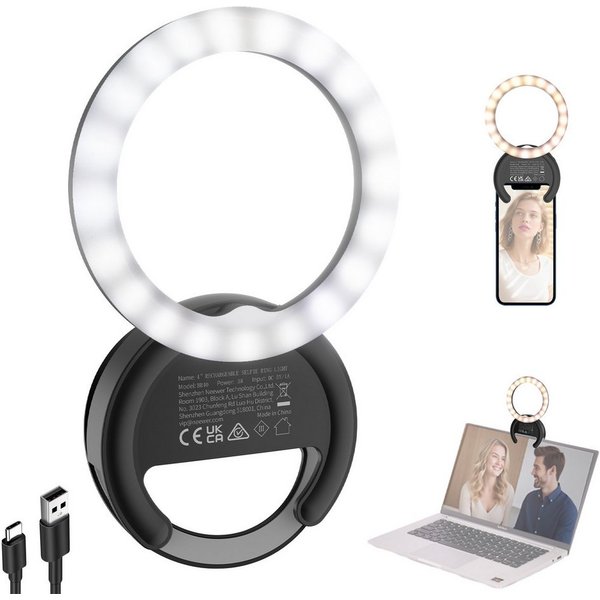 Neewer Videoleuchte BR40 4" Selfie Ring Light Handy kompatibel mit iPhone, 5W zweifarbiges wiederaufladbares Clip Handy Licht