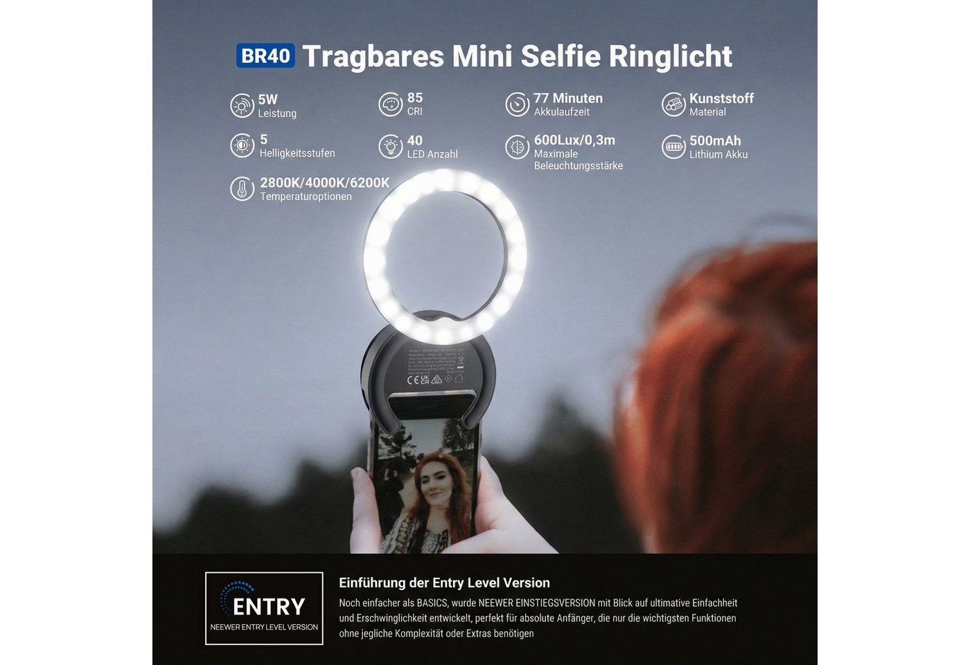 Neewer Videoleuchte BR40 4" Selfie Ring Light Handy kompatibel mit iPhone, 5W zweifarbiges wiederaufladbares Clip Handy Licht – Bild 2 von 5