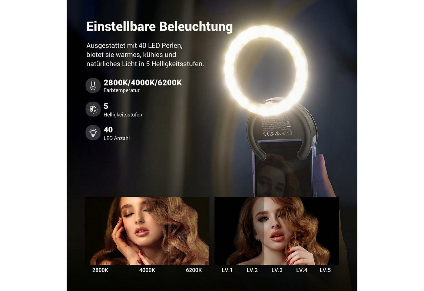 Neewer Videoleuchte BR40 4" Selfie Ring Light Handy kompatibel mit iPhone, 5W zweifarbiges wiederaufladbares Clip Handy Licht – Bild 3 von 5
