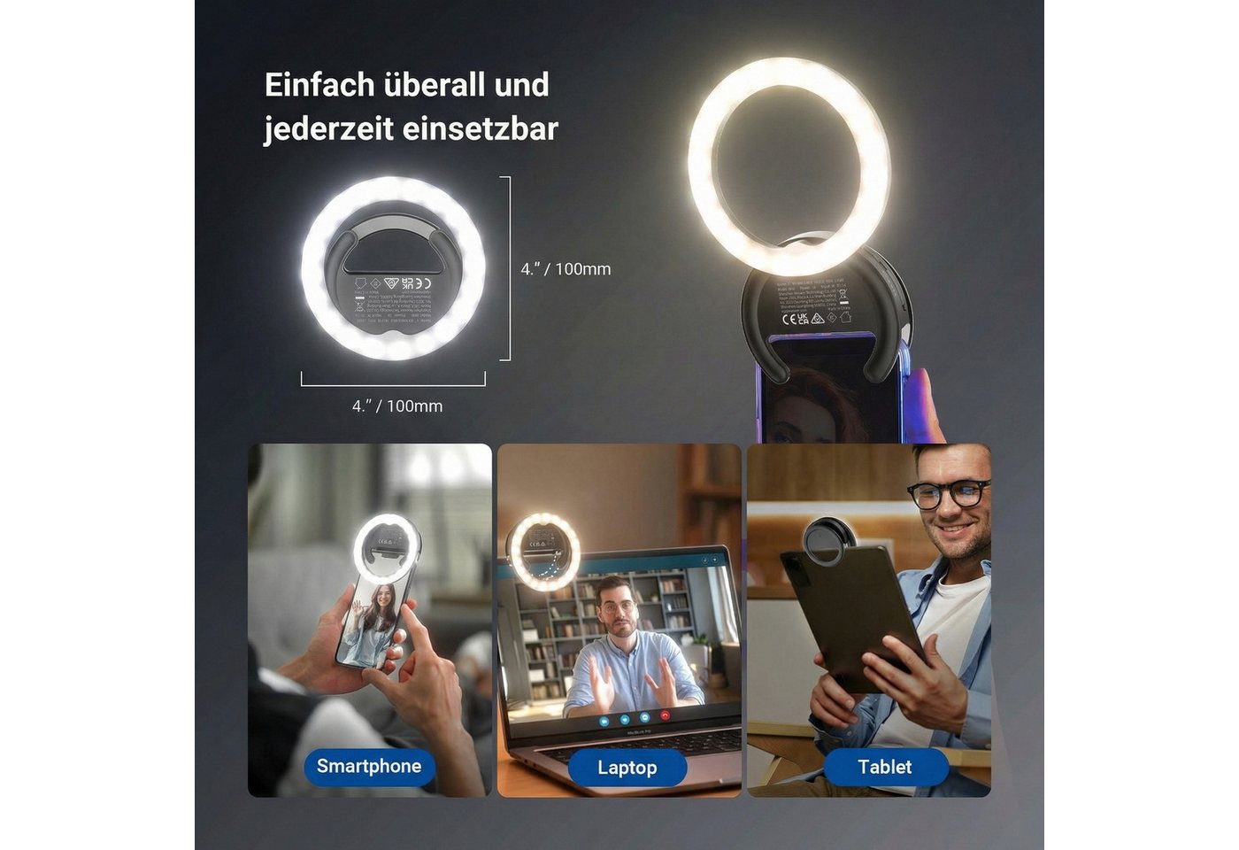 Neewer Videoleuchte BR40 4" Selfie Ring Light Handy kompatibel mit iPhone, 5W zweifarbiges wiederaufladbares Clip Handy Licht – Bild 4 von 5