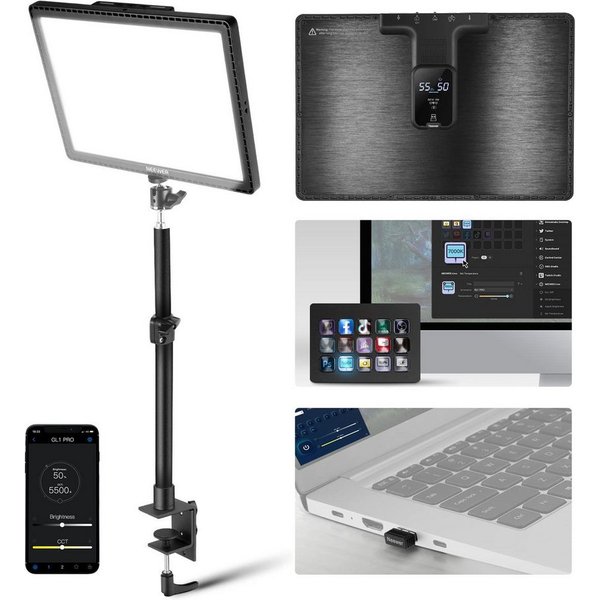 Neewer Videoleuchte GL1 PRO 15,5" LED Streaming Key Light, mit Tischklemme, App Steuerung, kompatibel mit Elgato Stream Deck, Panel Videolicht für Gaming Zoom
