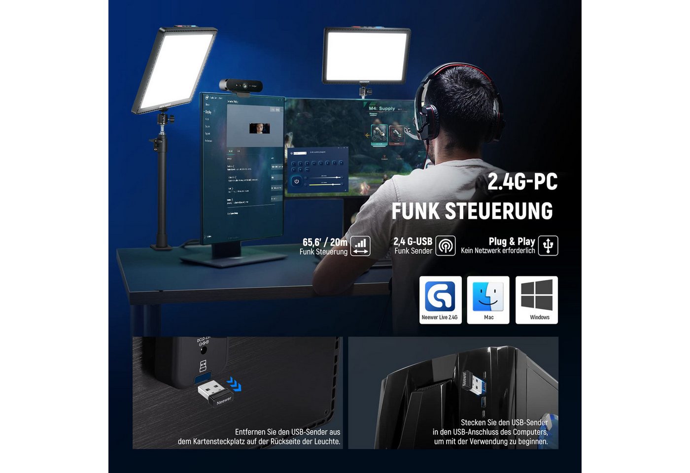 Neewer Videoleuchte GL1 PRO 15,5" LED Streaming Key Light, mit Tischklemme, App Steuerung, kompatibel mit Elgato Stream Deck, Panel Videolicht für Gaming Zoom – Bild 4 von 5