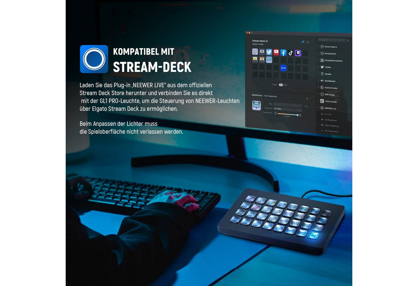 Neewer Videoleuchte GL1 PRO 15,5" LED Streaming Key Light, mit Tischklemme, App Steuerung, kompatibel mit Elgato Stream Deck, Panel Videolicht für Gaming Zoom – Bild 5 von 5