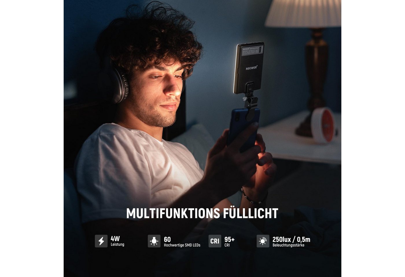 Neewer Videoleuchte NL-60AI Basic Clip On Selfie Licht kompatibel mit iPhone, 2000mAh wiederaufladbares LED Videolicht mit Handy Clamp, für Laptop – Bild 4 von 5