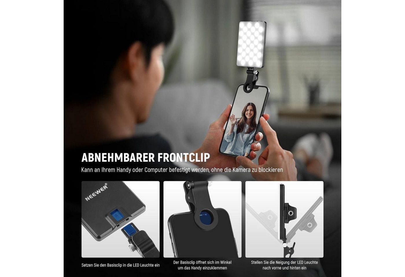 Neewer Videoleuchte NL-60AI Basic Clip On Selfie Licht kompatibel mit iPhone, 2000mAh wiederaufladbares LED Videolicht mit Handy Clamp, für Laptop – Bild 5 von 5