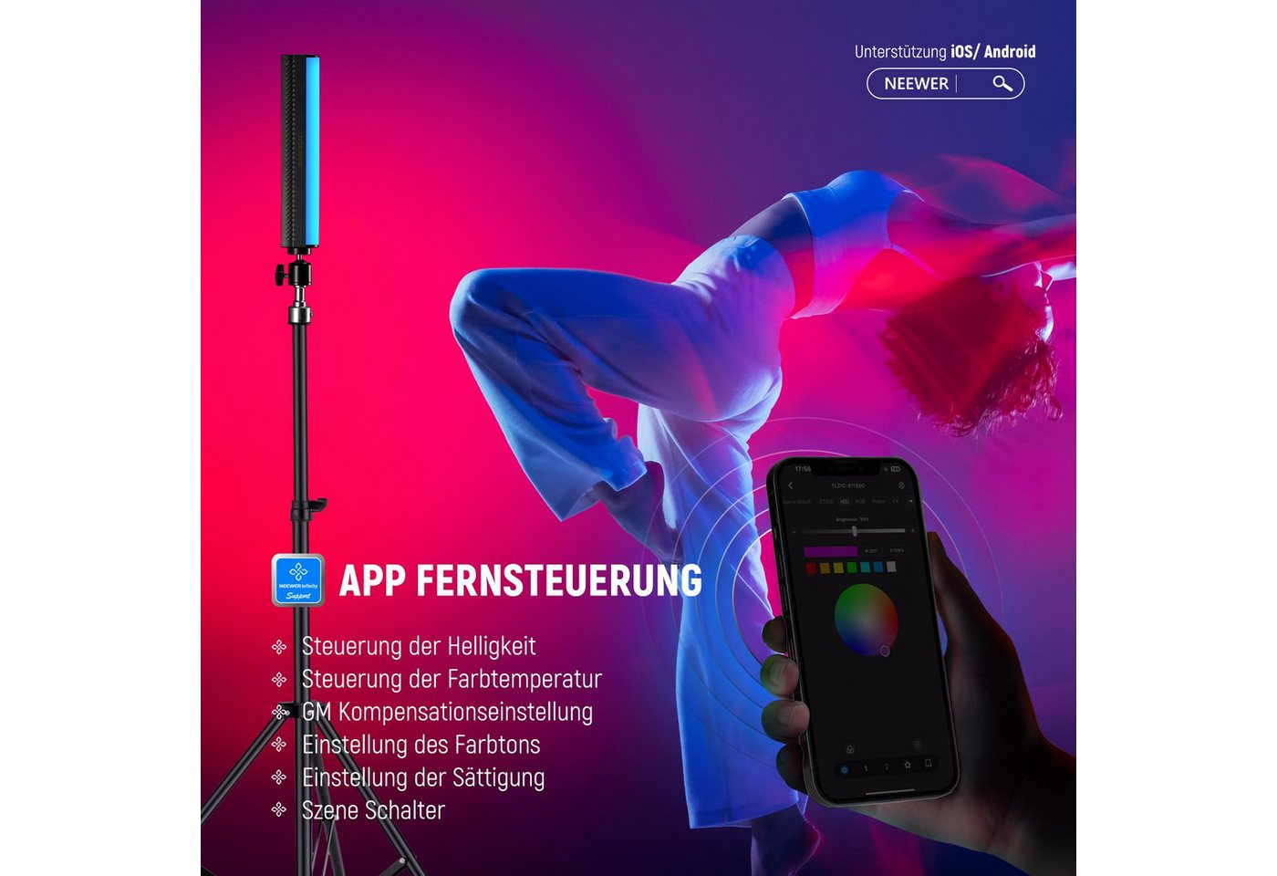 Neewer Videoleuchte TL21C Handlichtstab, Magnetischer RGB Lichtstab, mit APP Steuerung, 2550mAh Akku, 2500K~8500K dimmbar CRI 95+, für Fotografie Vlog TikTok – Bild 3 von 5