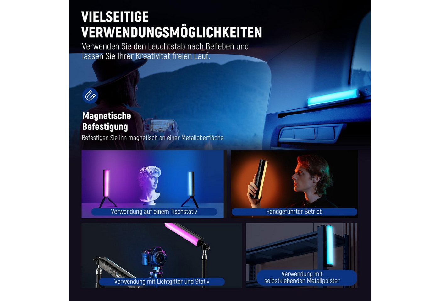 Neewer Videoleuchte TL21C Handlichtstab, Magnetischer RGB Lichtstab, mit APP Steuerung, 2550mAh Akku, 2500K~8500K dimmbar CRI 95+, für Fotografie Vlog TikTok – Bild 5 von 5