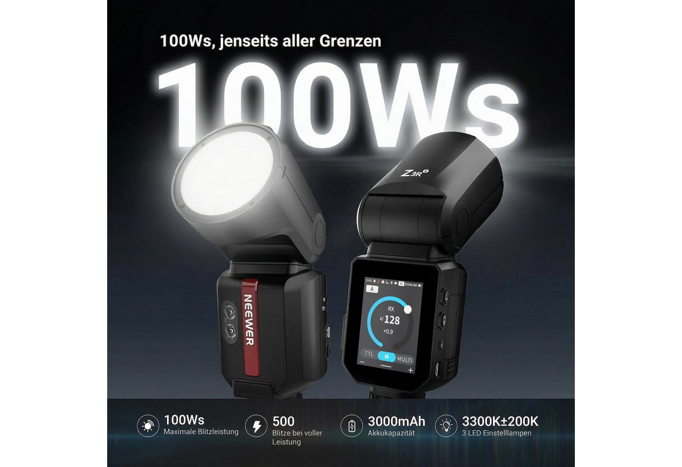 Neewer Z3R-S TTL Flash Speedlite Light mit Touchscreen, für Sony Kameras Blitzgerät, (100Ws 2,4G TTL Rundkopf Blitz Flash, 1/8000s HSS, 3000mAh 500 Leistung) – Bild 2 von 5