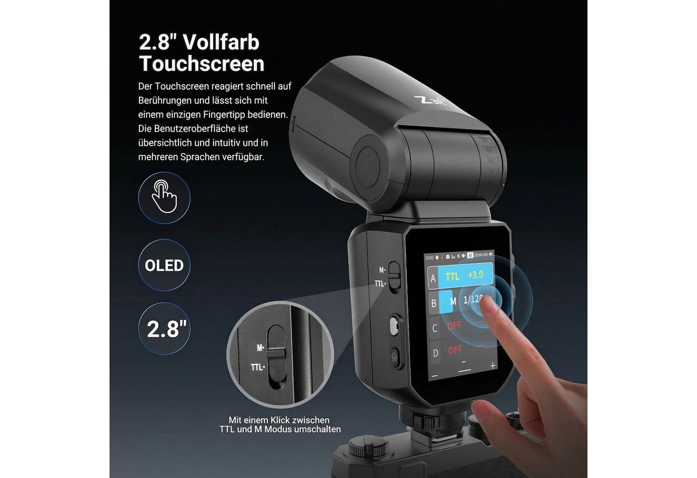Neewer Z3R-S TTL Flash Speedlite Light mit Touchscreen, für Sony Kameras Blitzgerät, (100Ws 2,4G TTL Rundkopf Blitz Flash, 1/8000s HSS, 3000mAh 500 Leistung) – Bild 4 von 5